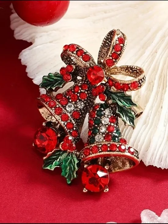 Festive Red and Green Crystal Bell Brooch gold tone - Women's Jewelry - Picture 2 of 5